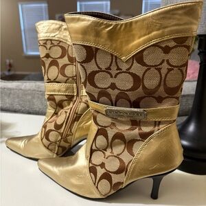 Coach Gold and Tan Patterned Heeled Boots